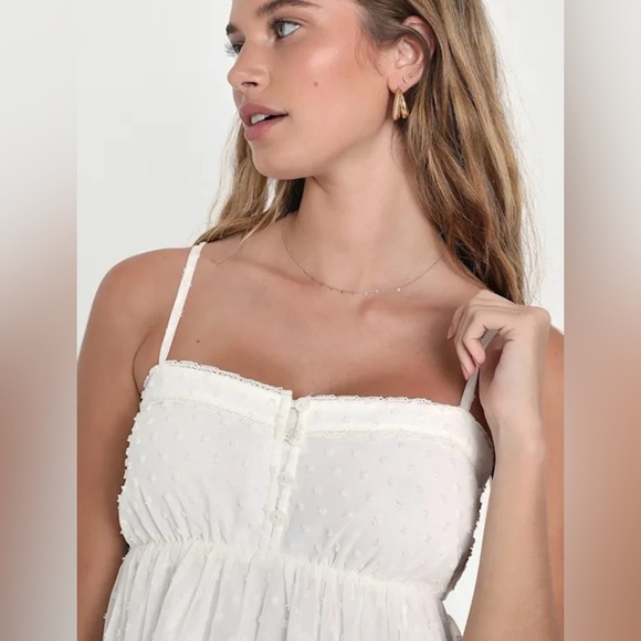 LULUS Essential Sweetness White Swiss Dot Babydoll Mini Dress Cottagecore - Picture 2 of 13